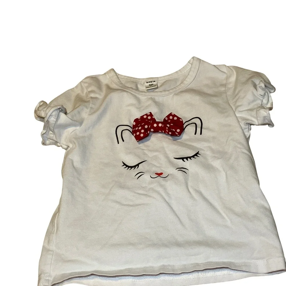 SHEIN Kids Girls Size 6 2-Piece Set  Cat Tee and Cherry Denim Ruffle Shorts
